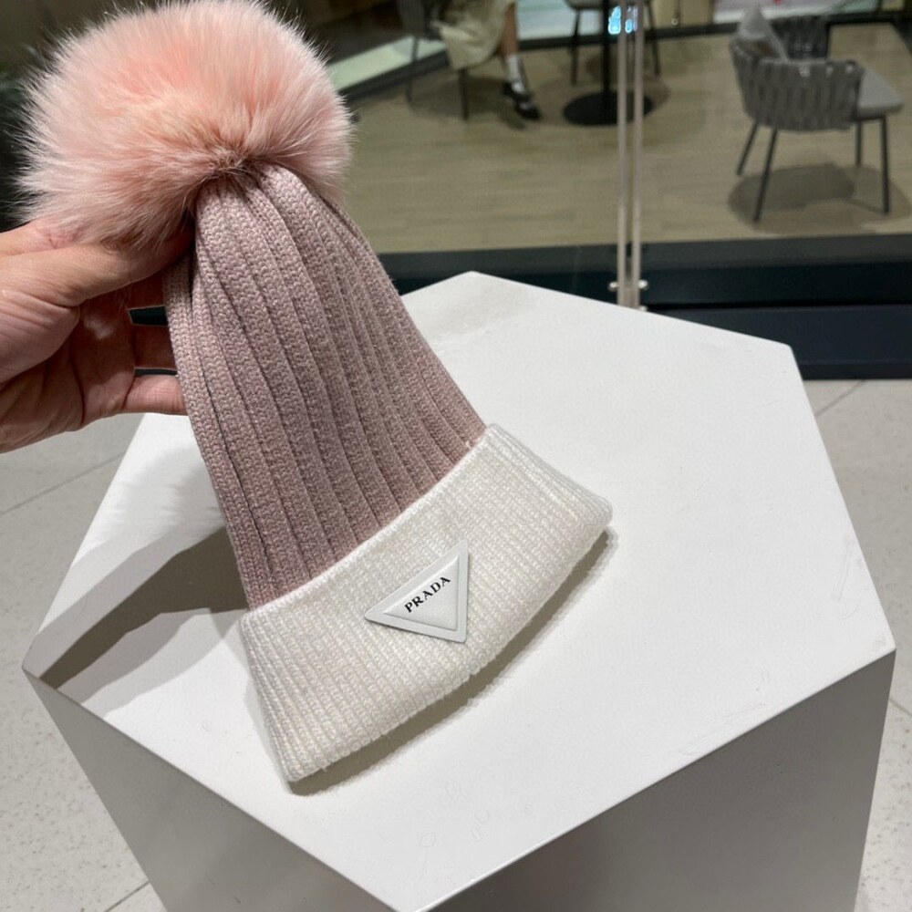 Prada Two Tone Knit Beanie with Pom Pom - Picture 8 of 8